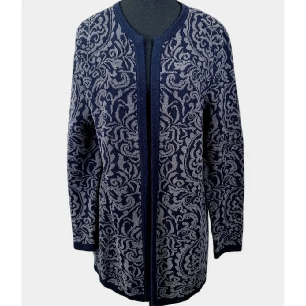 Talbots Open Front Cashmere Blend Navy Jacquard Cardigan